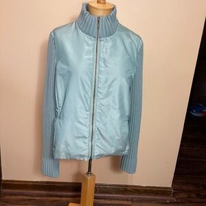 Carlisle Women Green Mixed Media Ribbed Knit Wool Sleeve Puffer Jacket Sz 16